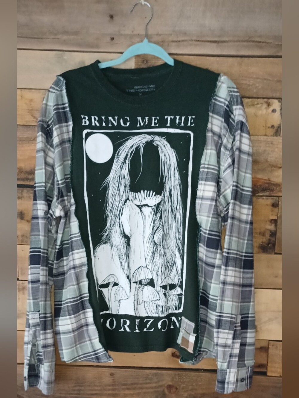 Upcycled Bring Me The Horizon Graphic T-shirt - Green Plaid Sleeves - Picture 4 of 9